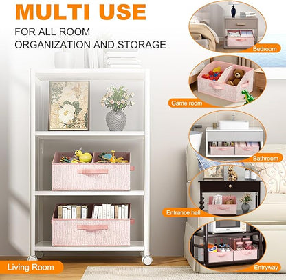 Closet Storage Bins 6 Pack, Large Closet Organizer Baskets with Divider & Handles,Trapezoid Fabric Shelf Organizers, Collapsible Storage Cubes for Clothes, Towels, Toys - Pink
