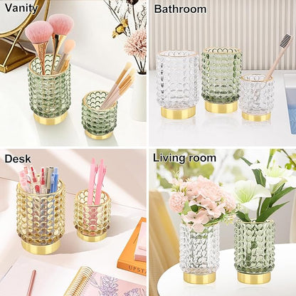 DASITON Makeup Brush Holder Organizer, Crystal Cosmetic Make Up Brush Holder, Glass Makeup Brushes Storage Organizer, Vintage Make Up Cup Desk Pen Pencil Holder, Toothbrush Holders (Yellow S+L)