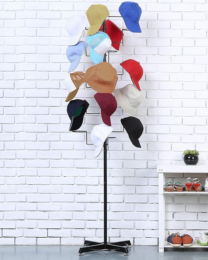 MyGift Large Free Standing Hat Rack Stand, Baseball Cap Organizer Holder, Retail Wig Display with 20 Customizable Circular Hooks, Cowboy Hat Tree, Black Metal