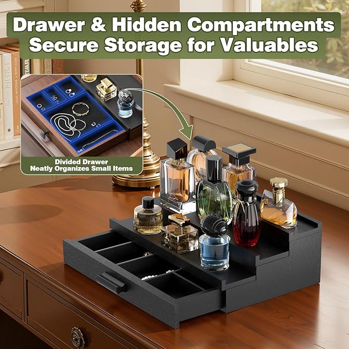 Perfume Cologne Organizer for Men: 3 Tier Wooden Perfumes Stand, Desktop Parfum Holder Wood Display Shelf with Cabinet, Bedroom Dresser Makeup Lotion Jewelry Storage Rack with Drawer