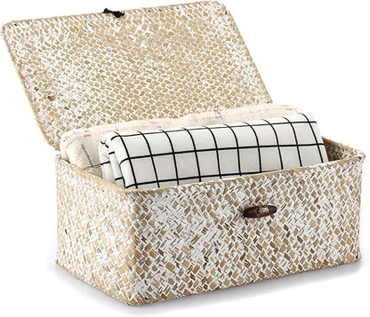 Hipiwe Wicker Shelf Baskets with Lid, Woven Seagrass Storage Basket Bin Rectangular Household Basket Boxes for Shelf Home Organizer and Decor, Whitewash X-Small