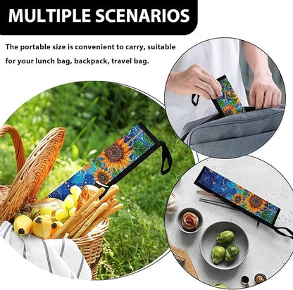 COEQINE Sunflower Utensil Case For Travel Blue Starry Sky Print Cutlery Flatware Organziers for Straw Spoon Fork Chopsticks Travel Frok Spoon Knife With Case And Handle