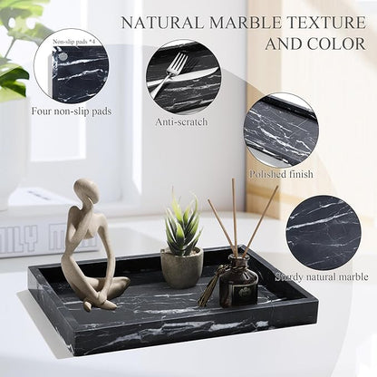 YMXYJM Real Natural Marble Tray for Bathroom, Genuine Marble Stone Vanity Tray, Luxury Storage Trays for Kitchen, Vanity, Home Decor, Dresser, Non-Resin/Non-Ceramic, 12"x 8"x 1.2", Black