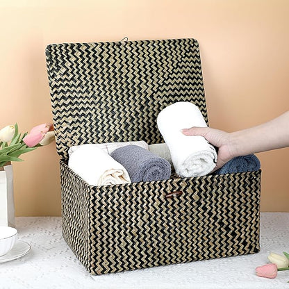 Hipiwe Wicker Shelf Baskets Bin with Lid, Handwoven Seagrass Basket Storage Bins Rectangular Household Basket Boxes for Shelf Wardrobe Home Organizer, Black,X-Large