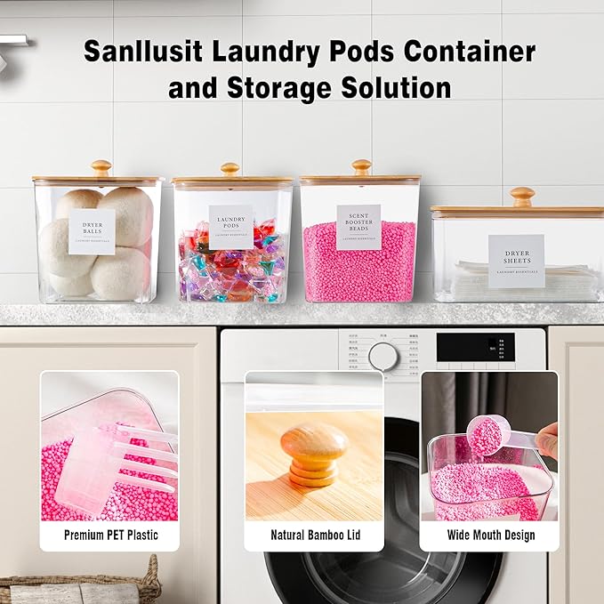 Laundry Room Organization Container, 4pcs Acrylic Laundry Pod Storage Containers, Dryer Sheet Holder Jars with Bamboo Lids and Labels for Scent Booster Powder Detergent Pods Storage