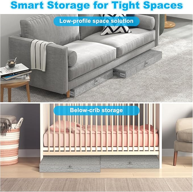 Under Bed Storage Container Bins 4 Pack, 5 Inch Thin Low Profile Underbed Clothes Storage Organizer for Dorm & Home, Use for Blanket and Toy Storage Box W/ Sturdy Bottom/Sides, Foldable Thick Fabric