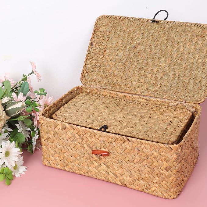 Moosky Wicker Shelf Baskets with Lid,Handwoven Seagrass Basket for Storage Basket Bins Rectangular Home Organizer Gift Boxes (Natural Small)