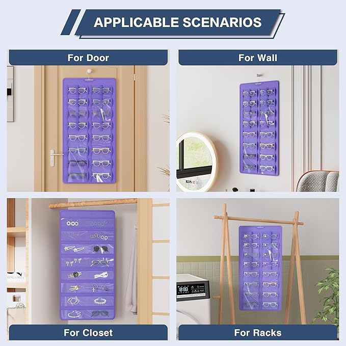 Hanging Sunglasses Organizer and Storage, Dual-Sided Sunglasses Case and Jewelry Holder, Wall-Mounted, 32 Clear Slots, Dust-Proof, Roof Design for Travel, Purple