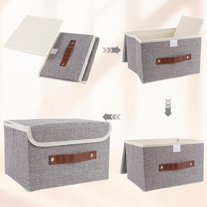 Small Storage Bin with Lid Storage Boxes,Collapsible Linen Storage Basket Container with Lid Storage Cube for Organizing Closets(Grey)