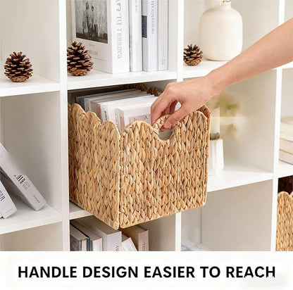 Scalloped Wicker Storage Cubes Basket, 12”x12“ Heavy Duty Paper rope/Hyacinth/Seagrass Baskets for Shelves, Foldable Natural Boho Square Bins (Water Hyacinth&12 x 12 x 12in&4-Pack)