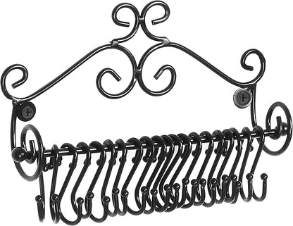 MyGift Jewelry Organizer - Wall Mounted Black Metal Scrollwork Design Necklace Holder Jewelry Display Storage Rack with 20 Hanging S-Hooks
