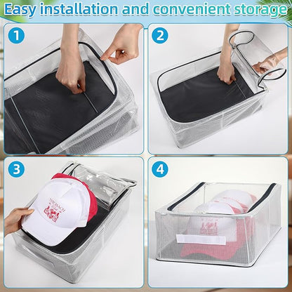 Chunful 4 Baseball Hats Storage Organizer with Window Lid Foldable Clear Snapback Baseball Caps Holder Box with Zipper Stackable Display Storage Containers Case for Closet Shelf, Each Holds 12 Hats