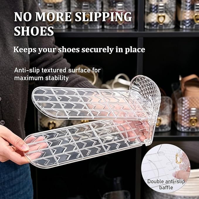 Shoe Stacker 12 Pack, Shoe Slots Organizer for Closet, 3 Levels Adjustable Shoe Space Saver to Save 50% Space, Clear Anti Slip Shoe Rack Organizer Holders for Sneakers, Heels & Sandals