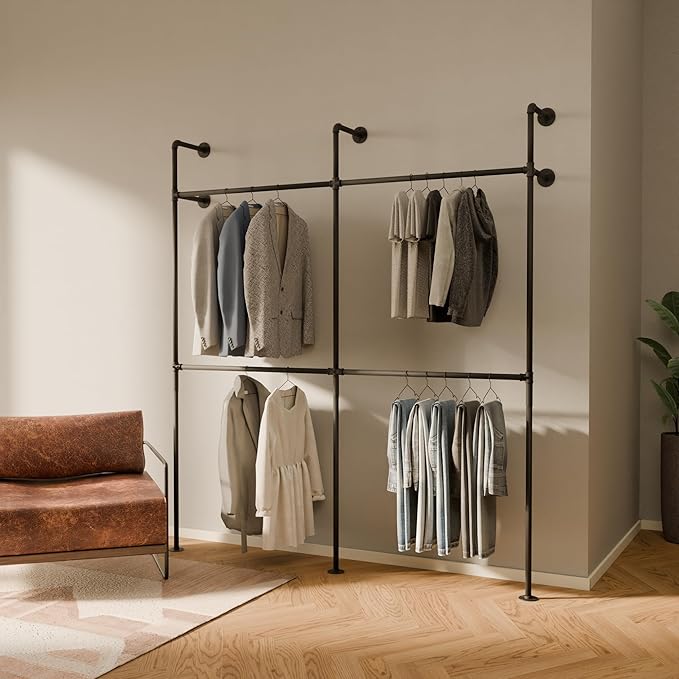 pamo Industrial Pipe Clothing Rack – Wall Mounted Black Closet System in Powder-Coated Steel – 79.13" W × 87.4" H – Easy Setup – Ideal for Walk-In Closets & Retail Use