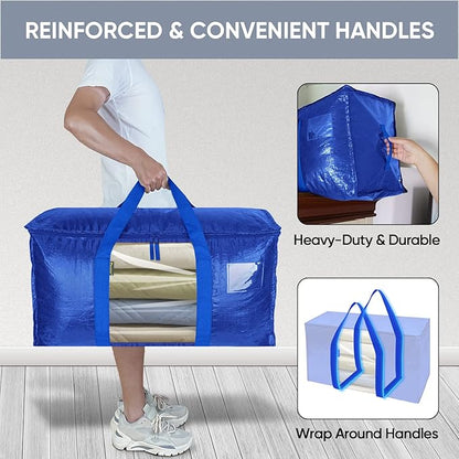 BALEINE 6-Pack Oversized Moving Bags with Reinforced Handles, Heavy-Duty Storage Tote Moving Supplies for Packaging, Camping (Blue w/Window, 6-Pack)