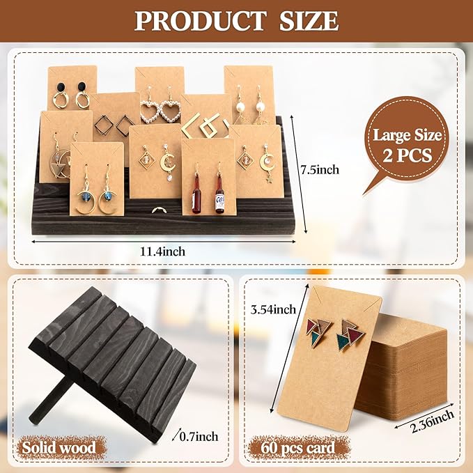 Marsui 62 Pcs Wood Earring Display Stand Earring Card Display 2 Sets of Holder with Cards Jewelry Stands for Selling