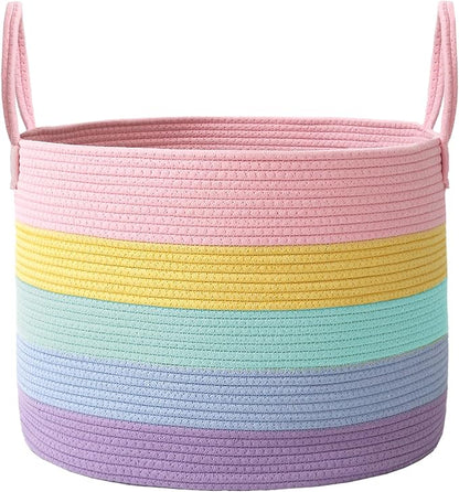 JMvicyroam 65L Extra Large Blanket Basket for Living Room - Woven Cotton Rope Laundry Hamper with Reinforced Handles - Storage Bin for Pillows, Comforters & Toys - Machine Washable,Rainbow