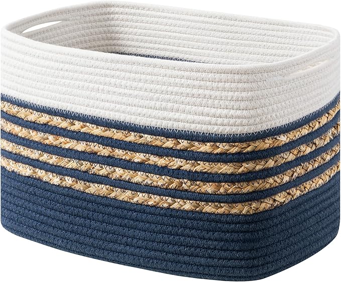 UBBCARE 1 Pack Baskets for Organizing, Woven Storage Baskets for Toys and Towel, Rectangle Cotton Rope Basket with Handles, 14''L x 8''W x9''H, Navy Blue
