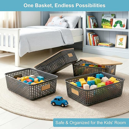 Bagnizer 4 Pack Plastic Storage Bins with Bamboo Lids, 6.2qt Stackable Storage Organizer Box with Lable for Pantry Shelves Drawers Desktop Office, 12"L x 8.3"W x 3.5"H, Gray