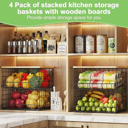 4 Pack Stackable Wire Baskets for Pantry Organizers and Storage, Pantry Baskets with Fixed Wooden Top, Fruit and Vegetable Storage Bins for Organizing Onion Potato Snack for Kitchen Cabinet/Countertop