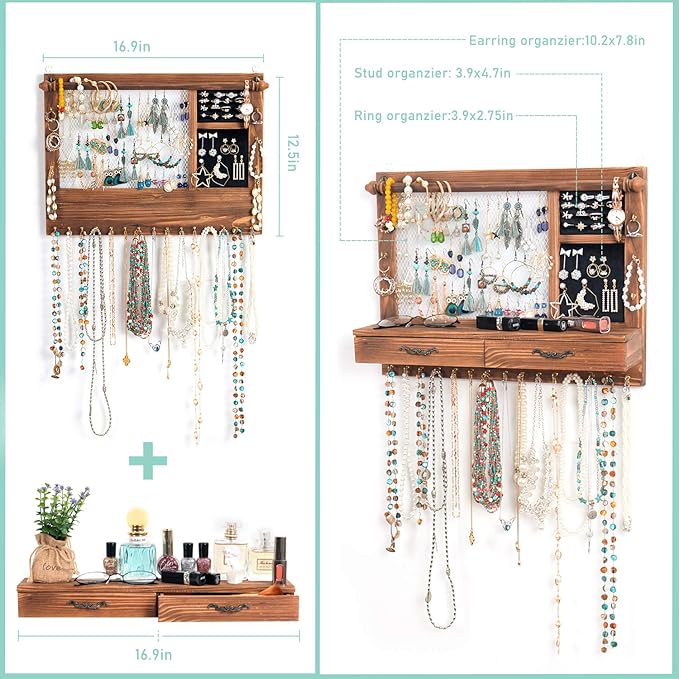 Jewelry Wall Organizer Wall Mounted, Jewelry Hanger Display Rack Earring with Drawers, for Earring/Stud/Ring/Necklace/Bracelets Accessories Bangles Holder Girls Gift (brown)