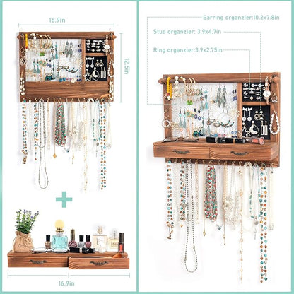 Jewelry Wall Organizer Wall Mounted, Jewelry Hanger Display Rack Earring with Drawers, for Earring/Stud/Ring/Necklace/Bracelets Accessories Bangles Holder Girls Gift (brown)