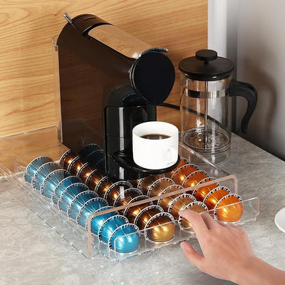 Clear Coffee Pod Organizer for Nespresso Vertuo, Double Sided Pull Out Holder Stores 40 Capsules, Acrylic Coffee Station Storage for Kitchen Countertop