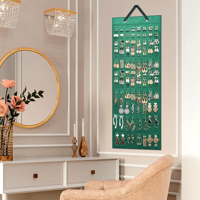 Lolalet Hanging Earring Holder Organizer with 20 Hooks for Women, Earring Organizer Wall Earrings Hanger Pierced Earring Storage, Felt Stud Earring Display, 608 Holes for Earrings -Emerald, 1 Pack
