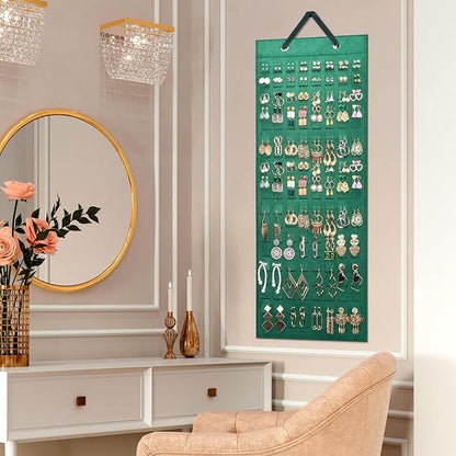 Lolalet Hanging Earring Holder Organizer with 20 Hooks for Women, Earring Organizer Wall Earrings Hanger Pierced Earring Storage, Felt Stud Earring Display, 608 Holes for Earrings -Emerald, 1 Pack