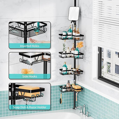 KEGII Shower Caddy Tension Pole - Adjustable Rustproof Corner Bathroom Organizer with Fogless Shower Mirror, 25–114.2 Inch No-Drill Bathroom Storage, Black