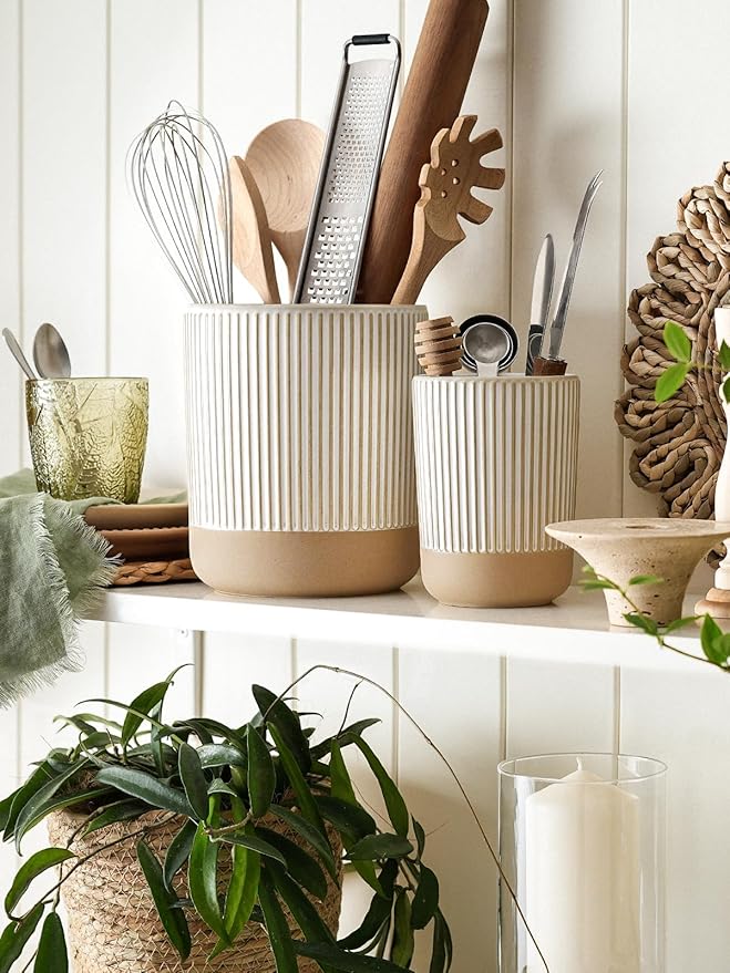LE TAUCI Ceramic Utensil Holder for Kitchen Counter - 6.9"+5.3" Large Kitchen Utensil Holder Set of 2, Cooking Utensil Crock & Organizer for Spatula, Spoon - Modern Kitchen Decor, Cream Beige, Line