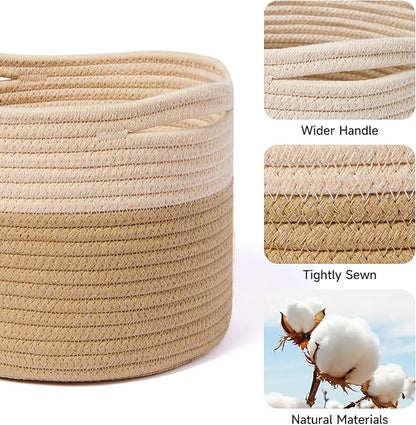 MiniArk Small Basket for Organizing | Cube Shelf Closet Storage Baskets | 9.7×9.7×7.1” | Woven Rope Gift Basket | Nursery | Round 3 Packs Tan