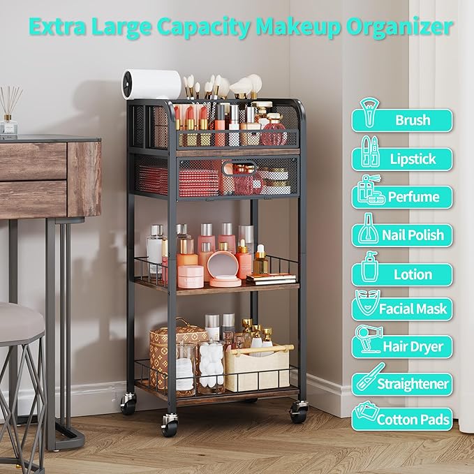 HapiRm Makeup Organizer Storage Cart - 4 Tier Skincare Make Up Storage with Drawer, Rolling Makeup Cart Vanity Organizer Cosmetics Display Cases Holder for Skin Care Perfume Nail Polish Brush