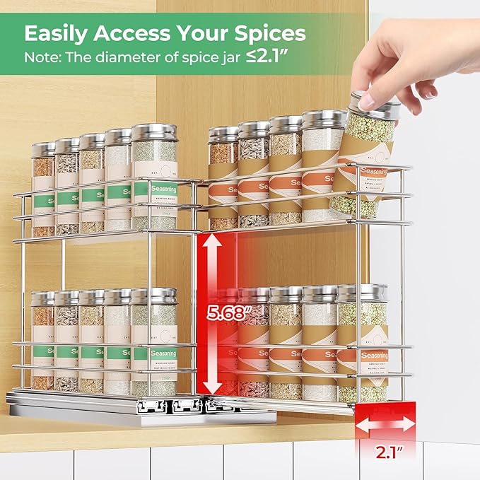 Mystozer Pull Out Spice Rack Organizer for Cabinet, Slide Out Spice Racks, Easy to Install Spice Cabinet Organizers, 5.28" Wx10.43 Dx8.26 H, 2 Drawers 2 Tiers(Silver)