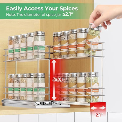 Mystozer Pull Out Spice Rack Organizer for Cabinet, Slide Out Spice Racks, Easy to Install Spice Cabinet Organizers, 5.28" Wx10.43 Dx8.26 H, 2 Drawers 2 Tiers(Silver)
