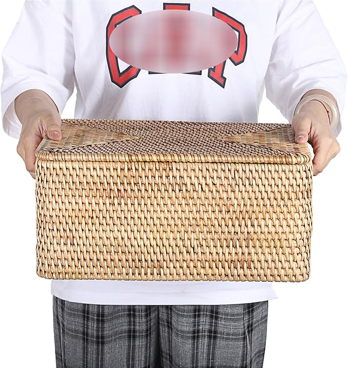 Hipiwe Rattan Basket With Lid Rectangular Lidded Basket Natural Hand-Woven Wicker Storage Basket Bin for Shelf Organizing Picnic Food Bread Table Storage Basket, 15.1 x 11.2 x 7.3 inch