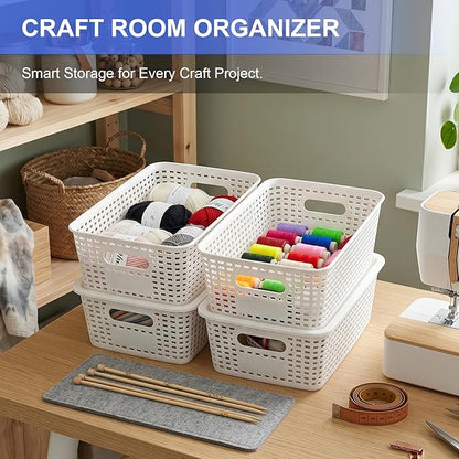 6 Pack Small Plastic Storage Baskets with Lids, Plastic Storage Baskets for Organizing, Stackable Organizer Baskets, Small Storage Bins for Shelves,Closet,Craft Room,Playroom,Classroom,Office, White