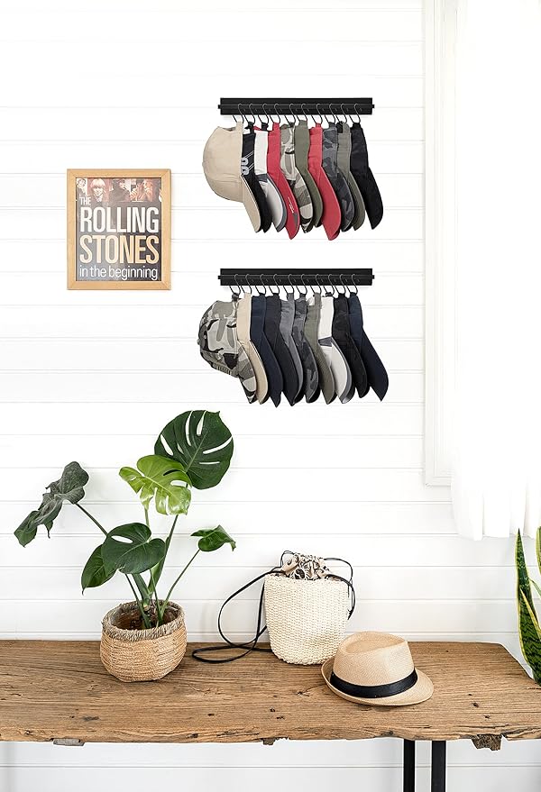 Mkono Hat Rack for Wall Wooden Baseball Caps Organizer with 20 Hooks Rustic Cowboy Hat Hanger Wall Mounted Caps Display Rack for Closet Bedroom Entryway, Set of 2, Black