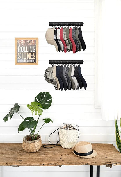 Mkono Hat Rack for Wall Wooden Baseball Caps Organizer with 20 Hooks Rustic Cowboy Hat Hanger Wall Mounted Caps Display Rack for Closet Bedroom Entryway, Set of 2, Black