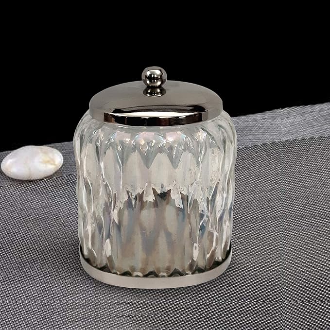 nu steel Glacier Rainbow Q tip Holder, Bathroom Vanity Glass Storage Organiser Canister, Apothecary Jar for Cotton Swabs, Round Cotton Balls, Rainbow Lustre Finish
