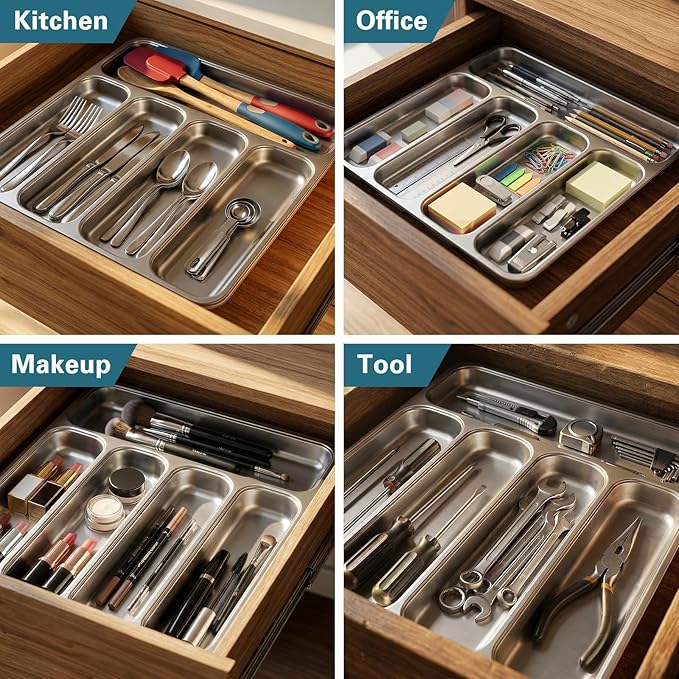 Zarler Stainless Steel Silverware Organizer, Durable Metal Utensil Drawer Organizer with 5 Compartments, Silverware Tray for Drawer, Dishwasher Safe, 13.8" x 11.4" x 1.6", Silver