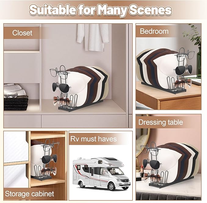 Hat & Sunglasses Organizer Rack, Foldable Storage Stand for 8 Baseball Caps & 3 Glasses – Space-Saving Hat Holder, Gift for Hat Lovers, Ideal for Closet, RV, Bedroom, or Vanity Table