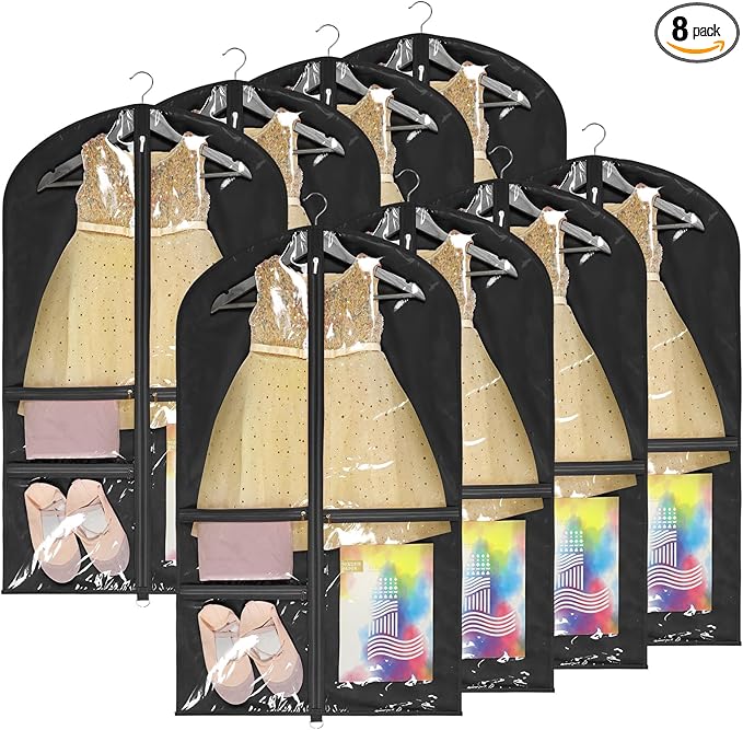 Univivi 40 Inch Kids Dance Costume Garment Bag, Dance Competition Garment Bags for Teens With 3 Medium Clear Zipper Pockets for Storage And Travel (Black) - 8 Pack