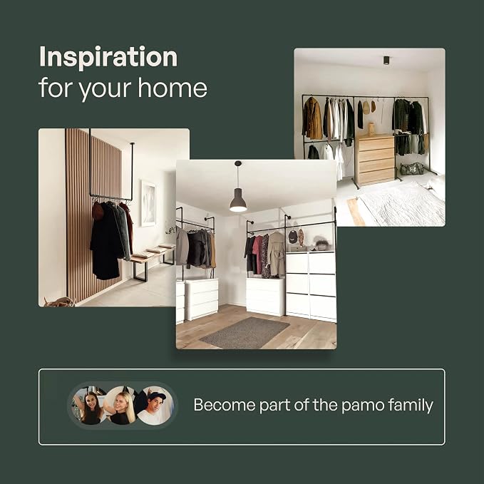 pamo Industrial Pipe Clothing Rack – Wall Mounted Black Closet System in Powder-Coated Steel – 41.4" W × 87.4" H – Easy Setup – Ideal for Walk-In Closets & Retail Use