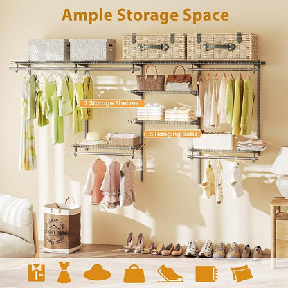 Tangkula 4 to 8 FT Custom Closet System, Wall Mounted Closet with Hanging Rod, Metal Hanging Storage Organizer Rack Wardrobe with Shelves, Adjustable Closet System Kit for Bedroom (Gray)