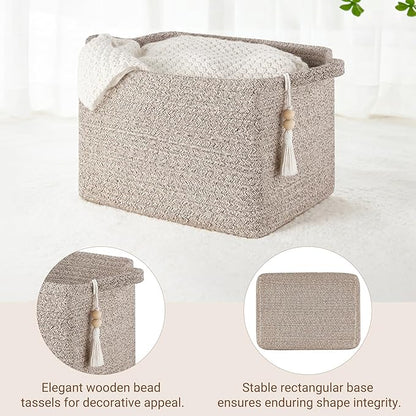 Mkono Woven Storage Basket, Cube Cotton Rope Basket for Shelves, Clothes, Toys, Towels, Books, Rectangle Bin with Handles for Organizing, Decorative Gift, 13'' x 10'' x 9'', Brown (1 Pack)