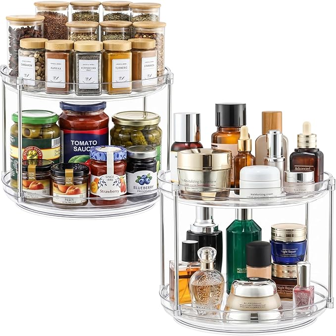 2 Set 2 Tier Non-Skid Acrylic Lazy Susan Organizer - Rotating Spice Rack - Turntable Spinning Organization for Kitchen, Pantry, Countertop, Closet, Bathroom, Vanity, Medicine Cabinet Organizing, 10''