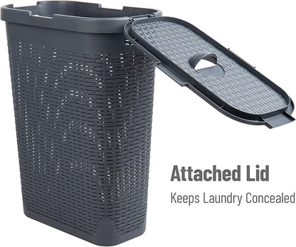 Mind Reader Slim Laundry Hamper with Lid, 40L Clothes Basket, Narrow Tapered Design with Ventilated Cutout Pattern, Plastic, Gray