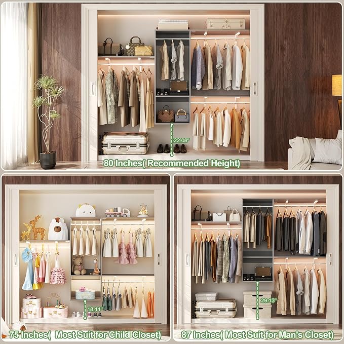 96 Hanging Closet System with 2 Wooden Drawers, 75"–87" Height Adjustable Closet Organizer System with Tower, 4-8FT Custom Closet Shelving System, Wall-Mounted Walk-In Closets Wardrobe, Grey