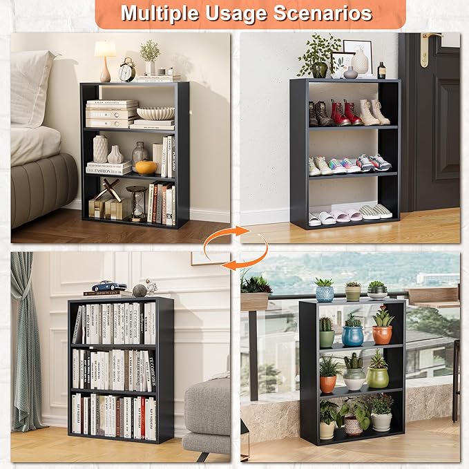 OSEILLC 4-Tier Free Standing Shoe Racks,Open Storage Rack for Entryway, Living Room, Bedroom, Garage，Metal Bookshelf/Bookcase,Small Shelf (Black)